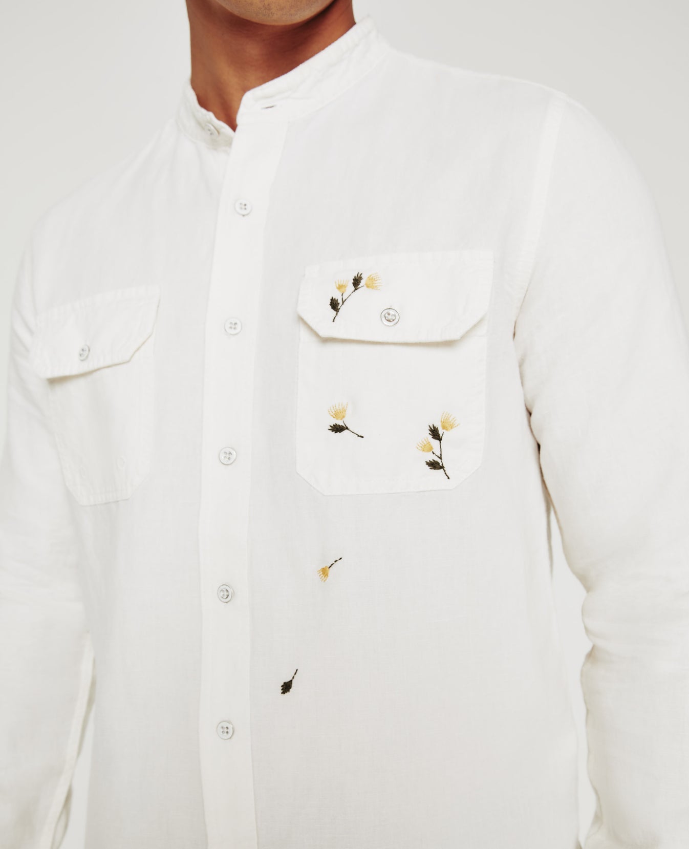 Benning Sleeve Patch Shirt Eb Super Bloom White Linen Mens Top Photo 2