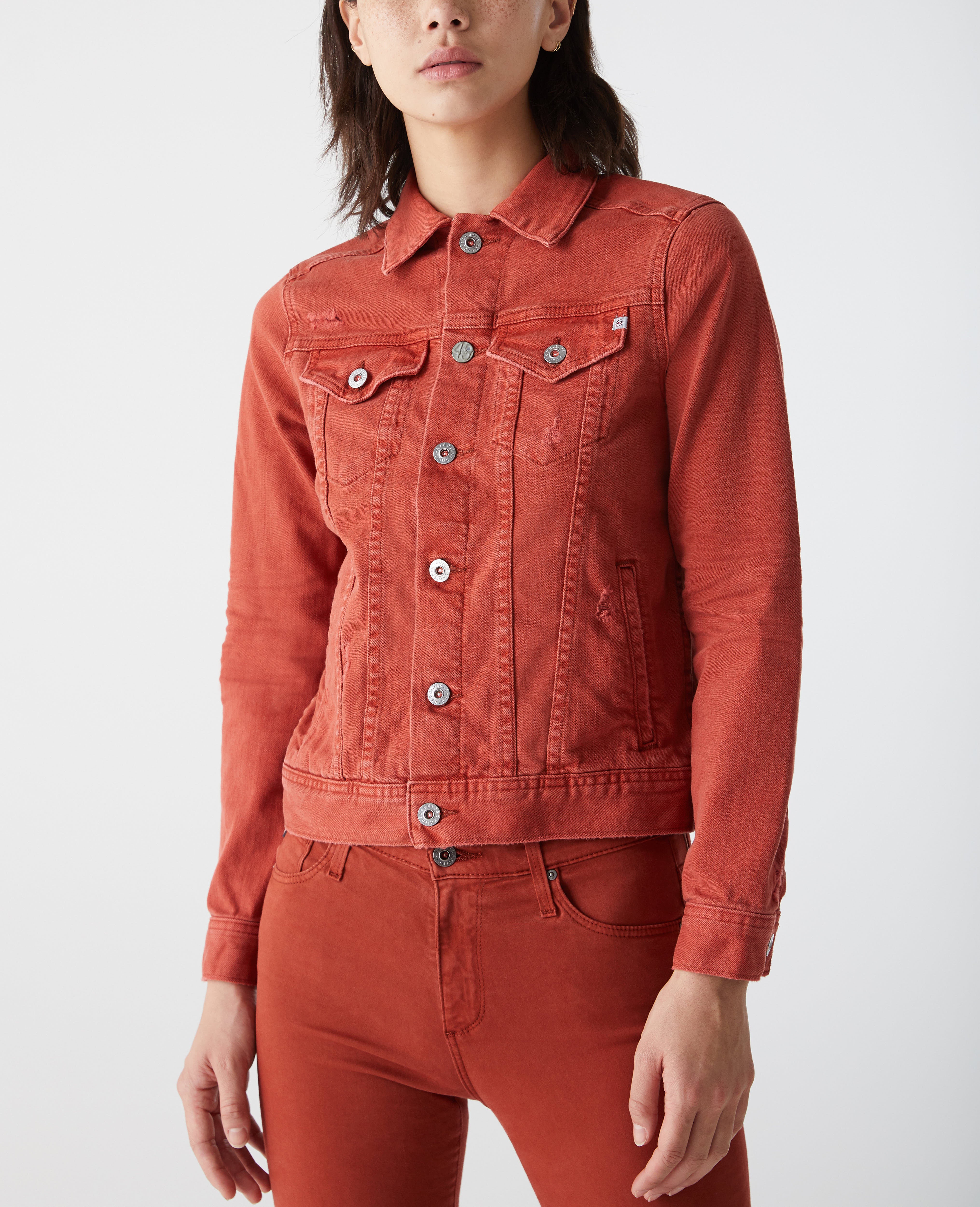 Buy NOBARR Women's Solid Trucker Full Sleeve Red Denim Jacket online