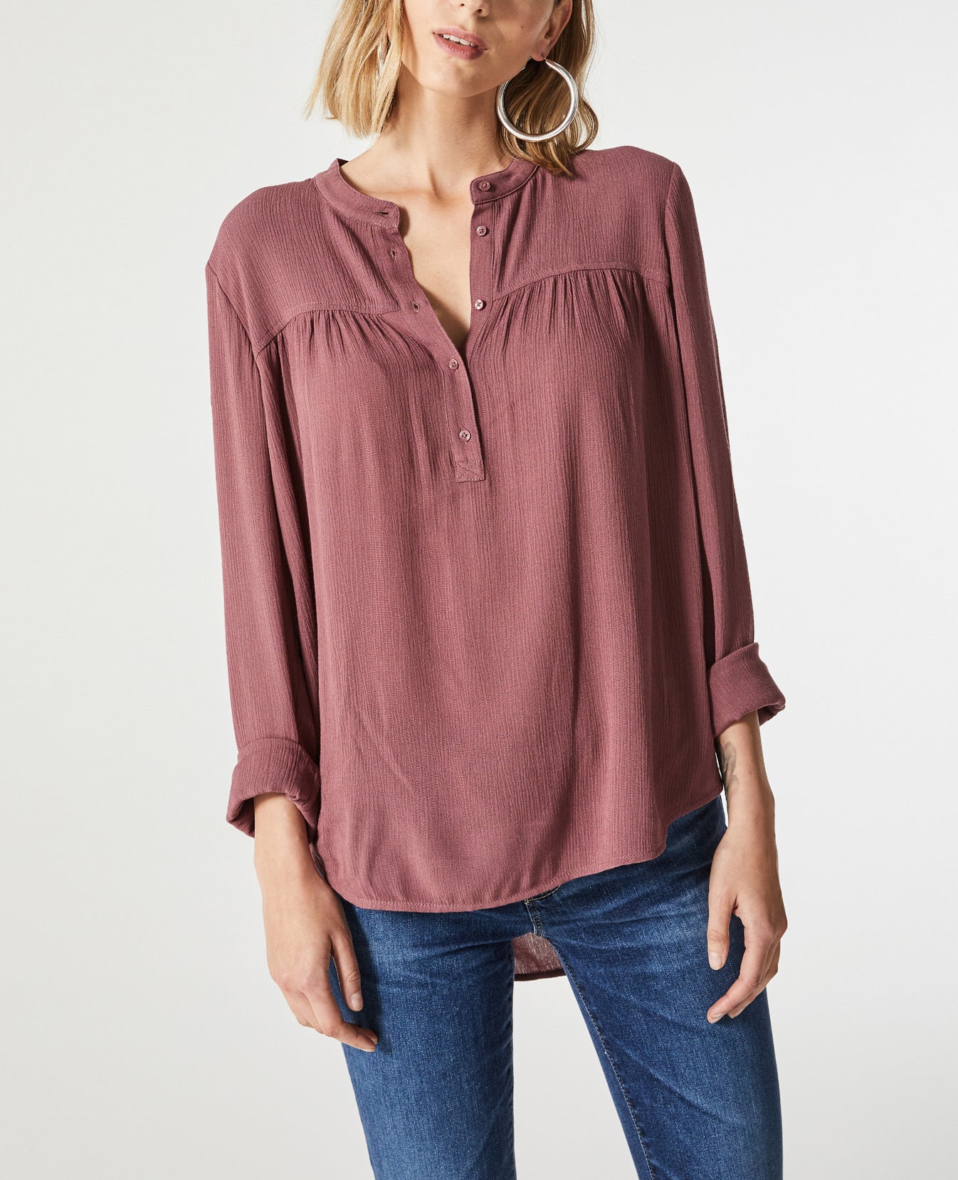 Jess Shirt Mellow Fig Long Sleeve Henley Shirt Women Tops Photo 1