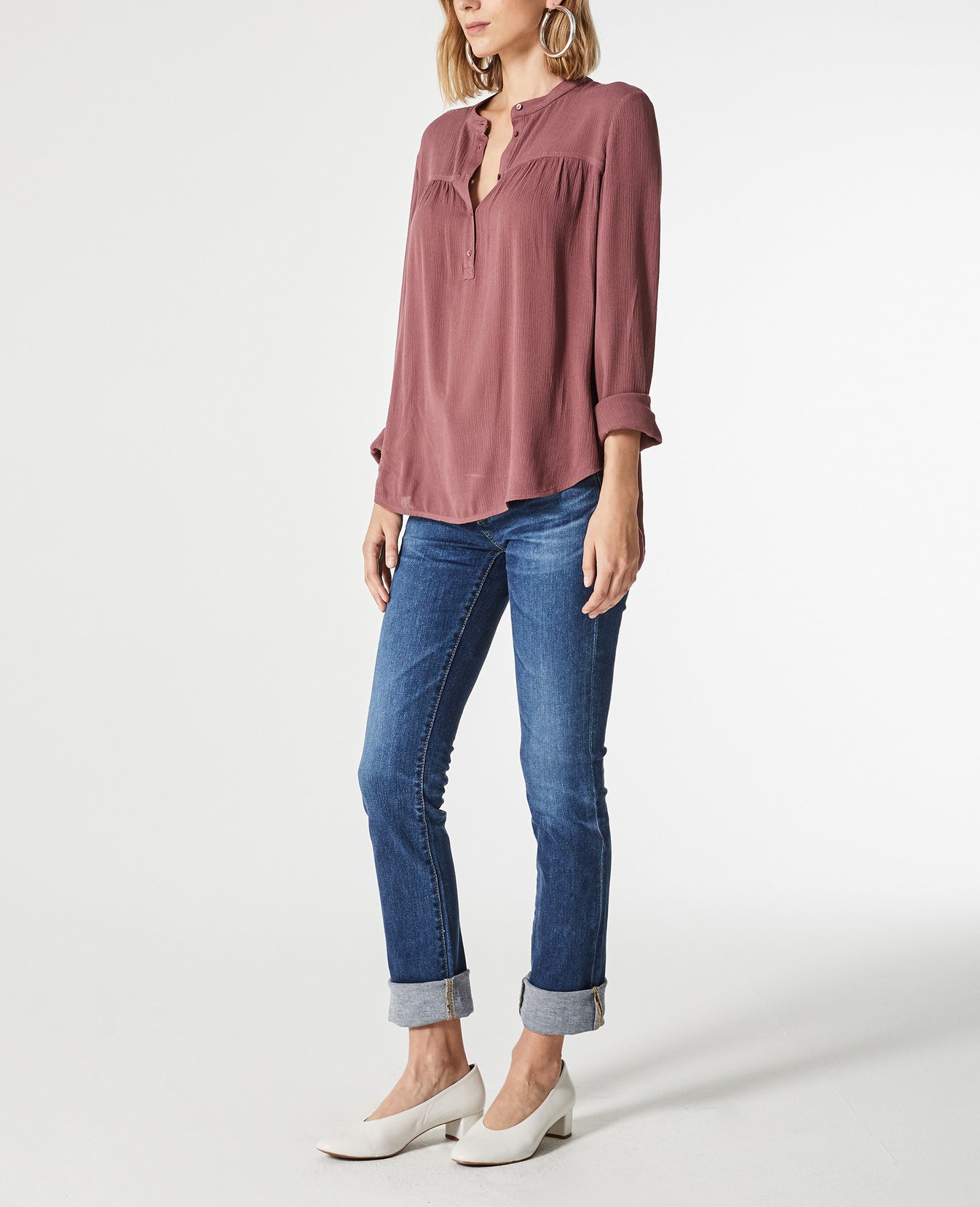 Jess Shirt Mellow Fig Long Sleeve Henley Shirt Women Tops Photo 2